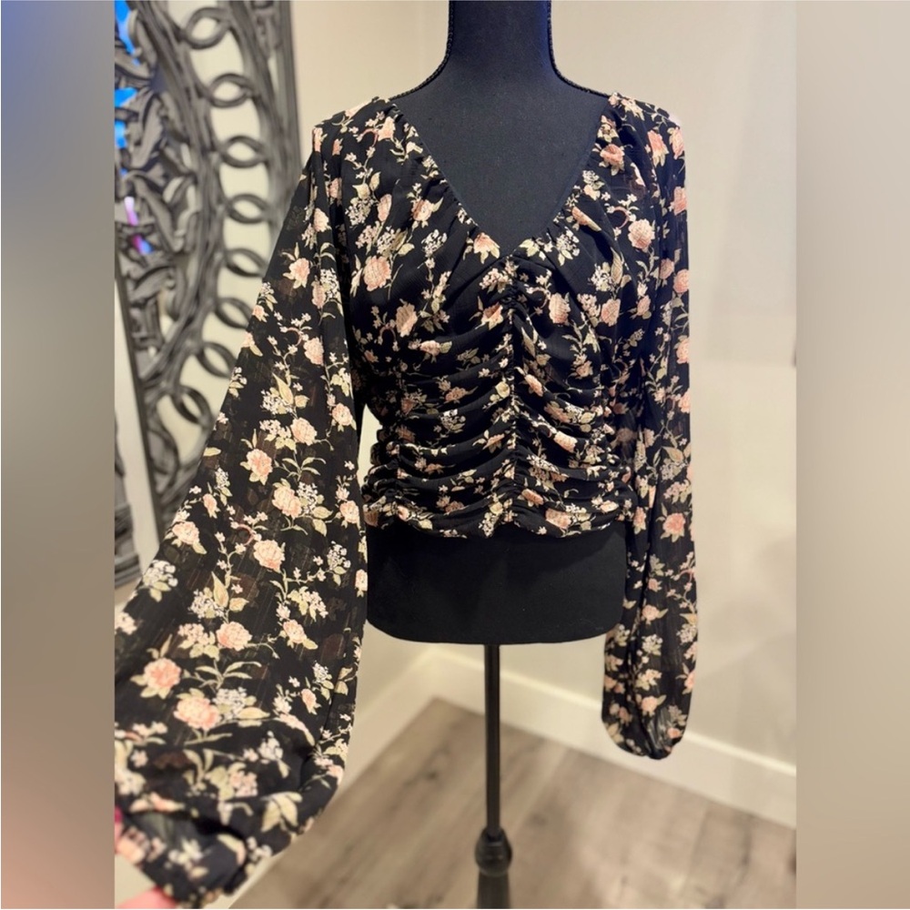 Free People New Final Rose Black Multi Balloon Long Sleeve Boho Blouse Top LARGE